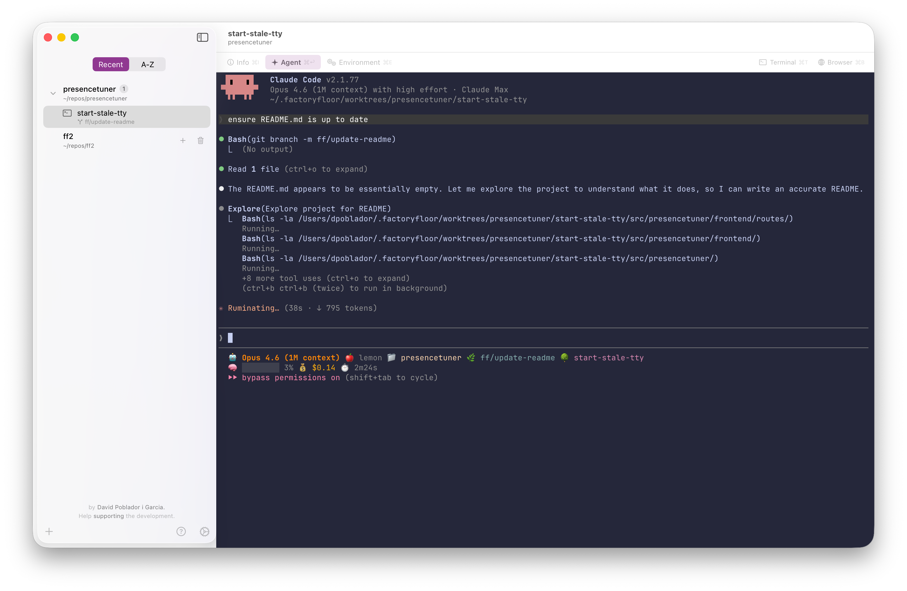Claude Code agent running in Factory Floor